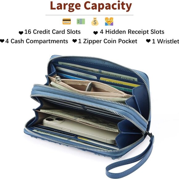 Women's Wallet Large Capacity Double Zip Ladies Card Phone Holder RFID Blocking - Picture 2 of 9